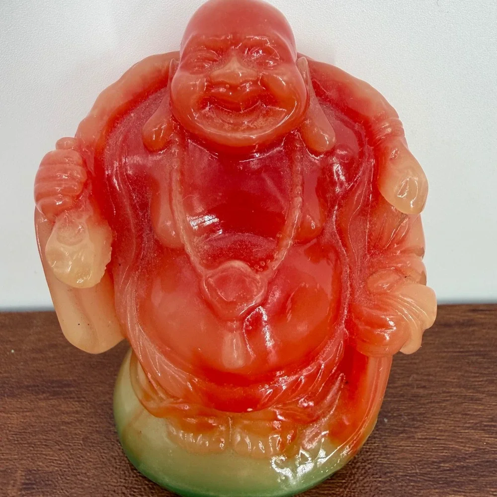 VTG 90s Fire Red & Green Translucent Resin Buddha Ogi Fan‎ & Wu Lou 3.75